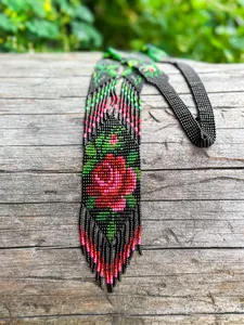 Latest black Beaded <b>Boho</b> tender red rose beadwork necklace, Ethnic floral beaded gerdan, flower necklace for wedding, gift - Product Image 3