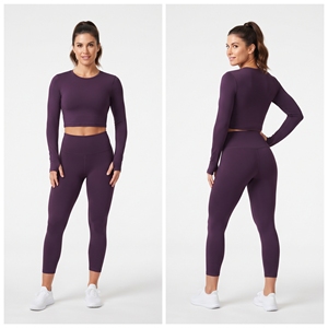 Wholesale Custom Logo Soft Breathable Quick Dry Women <b>Long</b> <b>Sleeve</b> Crop <b>Top</b> High Waist Leggings 2 Piece Set Athletic Workout - Product Image 2