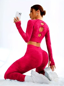 Seamless Two Piece Fitness Outfit Thumbhole Performance Shirt and High Rise Ruched <b>Booty</b> Lifting Compression Workout Tights - Product Image 5
