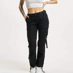 Pantalones Cargo Negros para Mujer, Cintura Alta, Material de Lona, Color Sólido, Múltiples Bolsillos, Estilo Casual, Largo Completo, Corte Regular, Otoño - Product Image 1