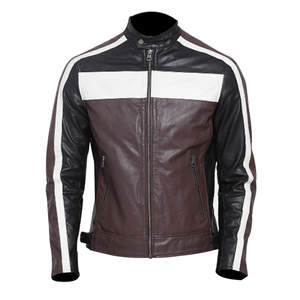 Blouson moto homme en cuir véritable, color block, fermeture éclair, col rabattu, coupe ajustée, style hiver, décontracté, crocheté 2027 - Product Image 1
