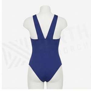 Traje de Baño de Una Pieza con Escote Profundo en V para Mujer, con Decoración de Perlas, Frente Fruncido, Color Azul Sólido, Elástico - Product Image 2