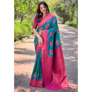 Sari en soie douce verte avec contraste de zari tissé, robes de cocktail élégantes - Product Image 3