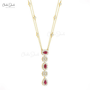 Luxury 14K Real Gold 0.63CTW Red <b>Ruby</b> Stone & Diamond Halo Lariat <b>Necklace</b> for Women Gemstone <b>Necklace</b> Wedding Jewelry Supplier - Product Image 2