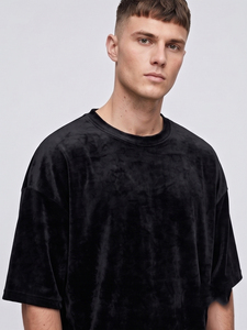 T-shirt en velours à épaules tombantes pour homme, col rond, coupe oversize, noir, style streetwear - Product Image 4