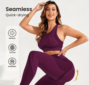 Purple Two Piece Yoga Set Mid Waist <b>Leggings</b> Racerback Crop Top Seamless <b>Knee</b> <b>Length</b> Solid Color Spandex Polyester Eco-Friendly - Product Image 6