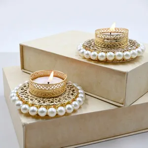 Round Gold Tea Light <b>Holder</b> with Pearl Trim for Wedding Home Decoration Pearl Diya Candle Stand Decorative <b>Tealight</b> <b>Holder</b> - Product Image 3