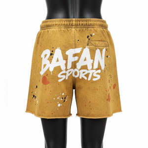 กางเกงขาสั้นผ้าฝ้ายฟลีซหนา 300 GSM ล้างสีแบบแอซิดวอช สีมัสตาร์ด ลายพิมพ์สกรีนโลโก้แบบกำหนดเอง ทรงลำลองสำหรับผู้หญิง - Product Image 2