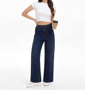 High Waist Wide Leg Dark Blue Denim <b>Pants</b> Women Casual Loose Fit Full Length Cotton Elastic Waist Solid Color Autumn Style - Product Image 4