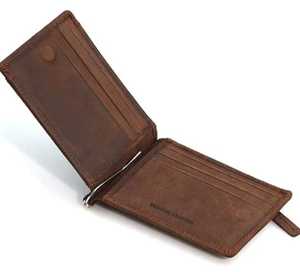 Portefeuille fin et court en cuir véritable à motif bonbon, avec fermeture ouverte, pince à billets et plusieurs emplacements pour cartes, pour homme - Product Image 3