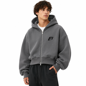 Men's Hoodies Wholesale Gray Oversized Hooded Zip-Up Sweatshirt Cotton Fleece Casual Autumn Wear Front Logo Print Regular Fit - Product Image 2