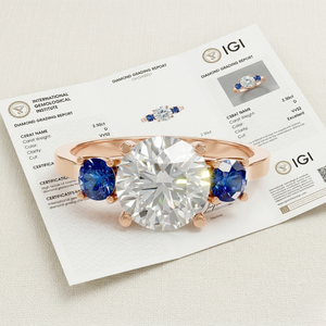 Anillo de Compromiso de Tres Piedras con Zafiro Certificado por IGI y Diamante Cultivado en Laboratorio, Oro Sólido de 9k, Joyería Fina para Mujer, Proveedor Mayorista - Product Image 3