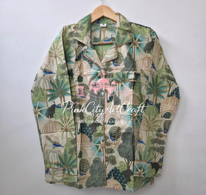 Conjunto de Pijama de Algodón Puro Tejido a Mano con Estampado de Palmeras Tropicales y Arquitectura Herencia, Elegante, de Manga Larga y Cuello Camisero - Product Image 5