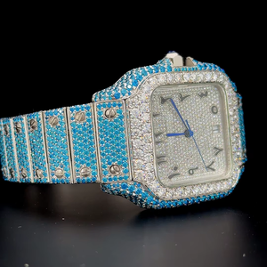 Montre à cadran arabe, couleur bleue fantaisie, entièrement sertie de diamants colorés, style Hip Hop, mouvement à quartz, automatique, entièrement sertie de diamants - Product Image 4