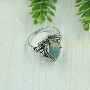 แหวนเงินแท้ 925 วินเทจ ประดับพลอยอะมาโซไนต์ แหวนทำมือสไตล์โบโฮ แหวนประดับพลอยทรงมาร์คีส์ งานฝีมือช่างประดิษฐ์ เหมาะสำหรับเป็นของขวัญ - Product Image 2