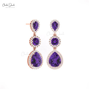 Trending Products 6.14 CTW Prong Set Amethyst Three Stone Dangle <b>Earrings</b> With 14k Solid Gold Diamond Halo Dangler <b>Earrings</b> - Product Image 6