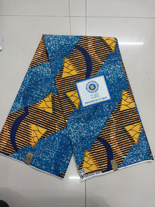 Blue Yellow Geometric Ankara Wax <b>Print</b> Fabric with Striped <b>Abstract</b> Pattern for African Dresses and Fashion Wear - Product Image 1