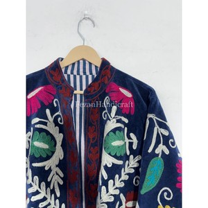 Blue Velvet Jacket <b>Coat</b> Uzbek Embroidery Jacket With Inside Cotton Lining Boho Chic Jacket Women's Casual Jacket - Product Image 4