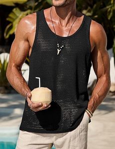 Mens Knitted <b>Mesh</b> Crochet Tank <b>Top</b> Summer Hollow Out Sleeveless Casual Breathable Customizable - Product Image 4