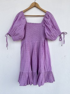Vestido Mini de Algodón Lila Morado para Mujer, Bordado Schiffli, Manga con Lazo, Cuello en V, Estilo Babydoll Boho, Vestido de Verano - Product Image 5