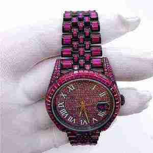 Montre de luxe pour femme en quartz rose moissanite, boîtier rond, cadran analogique, bracelet entièrement serti de pierres - Product Image 2