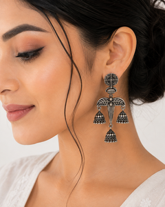 Bulk Order Oxidized <b>Silver</b> Plated <b>Drop</b> <b>Earrings</b> with Ethnic Design from Rajasthan Women's Anniversary Gift Wholesale Supplier - Product Image 1