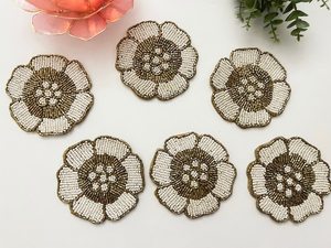 Handmade Beaded Flower Coasters Gold White Round Bar Mats Reusable <b>Drinkware</b> <b>Accessories</b> Classic Style - Product Image 3