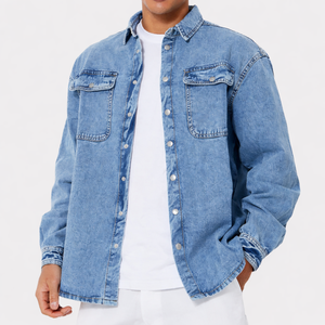 Vestes en jean pour hommes, sur mesure en usine, en coton, pour l'extérieur, style streetwear, coupe oversize, avec poches avant, bleues - Product Image 1