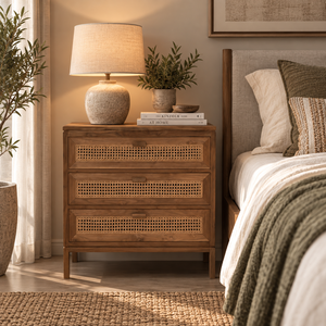 Mid Century Modern American Style Solid Mango <b>Wood</b> <b>Bedside</b> <b>Table</b> <b>with</b> Rattan Storage <b>Drawers</b> - Product Image 1