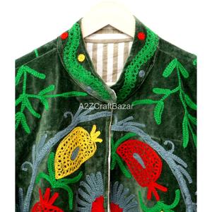 Green <b>Velvet</b> Embroidered Eco-Friendly Breathable Varsity Jacket Floral Pattern Mandarin Collar Button Closure Full <b>Women's</b> - Product Image 4