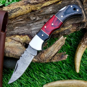 Cuchillo Plegable de Acero de Damasco Personalizado, Grado Industrial, para Camping, Hoja de Borde Recto, Mango de Madera, Funda de Cuero, ODM/OBM - Product Image 4