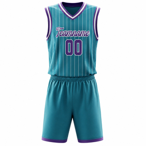 Ensemble de maillots de basket-ball personnalisés en polyester, bleu turquoise et violet à rayures fines, impression par sublimation, uniforme respirant unisexe pour adultes, forte demande - Product Image 1