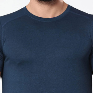 Men's Dark Blue Short Sleeve Quick Dry Lightweight Casual Regular Fit Neck Sporty Knitted 100% Cotton Solid Color Front <b>Logo</b> - Product Image 6