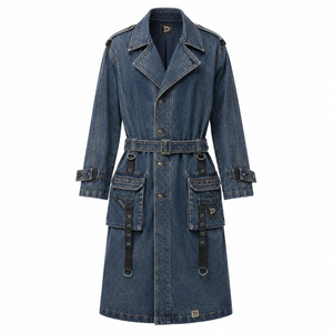 Abrigo de mezclilla con cinturón y bolsillos cargo, doble botonadura, personalizado para mujer, gabardina azul desgastado, premium, de manga larga, cortavientos, utilitario. - Product Image 2