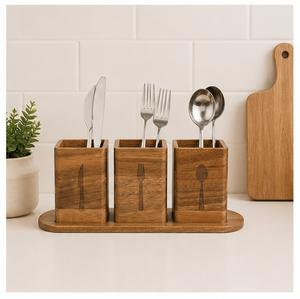 Handcrafted Acacia Wooden Cutlery Holder With Tray 3-Compartment Utensil <b>Caddy</b> & Silverware Organizer For <b>Kitchen</b> Countertop - Product Image 2