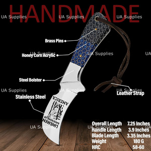 Couteau de chasse à lame fixe en acier inoxydable 58 HRC Hawk Bill EDC de UA Supplies, manche en nid d'abeille et étui en cuir, vente en gros - Product Image 2