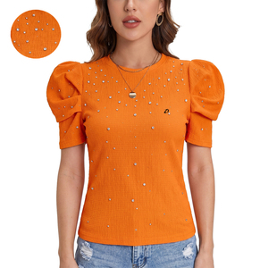 Blusa de Moda 2026 con Mangas Cortas Abullonadas y Pedrería, Color Naranja Sólido, Texturizada, para Verano, Informal, Elegante, con Cuentas, Camisas para Mujer - Product Image 1
