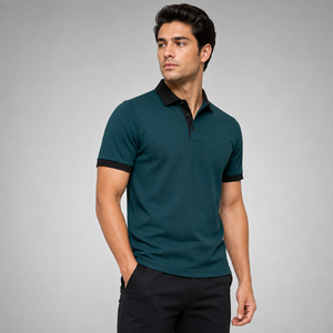 <b>Men's</b> Dark <b>Green</b> Cotton Pique <b>Polo</b> <b>Shirt</b> Short Sleeve Solid Color Casual Button Down Design Breathable Knitted Regular Fit <b>Shirt</b> - Product Image 1