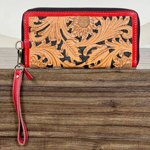 Premium Red Leather Hand Tooled Floral Design <b>Women</b> Clutches High Quality Genuine Leather Card Holder Detachable Wristlet <b>Purse</b> - Product Image 5