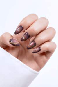 Ongles à presser Soleil & Lune, forme amande moyenne, brun foncé, 24 pièces, or céleste, matériau ABS, personnalisables - Product Image 2