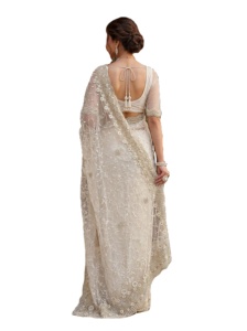 Sari indien traditionnel blanc en tulle pour femme, brodé de perles et de diamants, idéal pour les fêtes d'hiver et d'été - Product Image 5