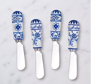 Ensemble de 4 couteaux à fromage en céramique bleue à motifs floraux, avec manche en acier inoxydable, pour la cuisine et la maison - Product Image 1