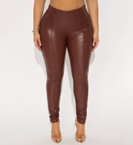 Leggings en similicuir taille haute, couleur unie, extensibles, ajustés, longueur intégrale, pour femmes, grandes tailles, toutes saisons, pantalons tricotés - Product Image 1