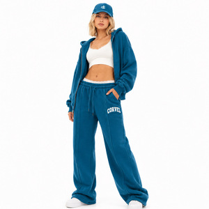 Cinch Ribbed Waist Women's Zip Teal <b>Cropped</b> Hoodies Tracksuit Custom Varsity Applique Fleece Wide Leg Seam <b>Joggers</b> Manufacturing - Product Image 2