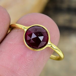 Handmade Red Garnet 5mm Round Gemstone Ring 18k Gold Micron Over 925 <b>Solid</b> Sterling <b>Silver</b> - Product Image 1