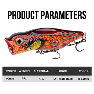 Señuelo <span class=keywords><strong>de</strong></span> pesca artificial tipo popper duro <span class=keywords><strong>de</strong></span> 90 mm y 16 g con anzuelo triple, impreso en 3D a color, cebo <span class=keywords><strong>de</strong></span> ABS para pesca en superficie <span class=keywords><strong>de</strong></span> pez cabeza <span class=keywords><strong>de</strong></span> serpiente y lubina. - Product Image 2