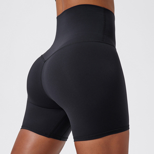 Shorts de yoga taille haute sans coutures pour femme, gris foncé uni, en Spandex et Nylon, avec taille élastique, pour fitness, course et cyclisme, longueur courte - Product Image 5
