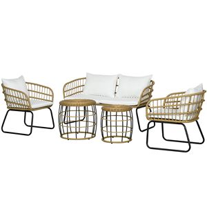 Set di Mobili da Giardino in Rattan PE Bianco Crema, 5 Pezzi, con Sedie Imbottite in Ferro, Divanetto, Tavolini, MOQ 1 Set - Product Image 1