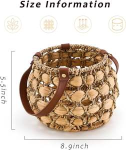 Handwoven Seagrass Storage <b>Basket</b> With Leather Handle Wicker Organizer Bin For Eggs Fruits Kitchen Storage Decor - Product Image 4