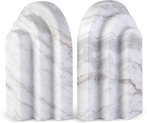 Marble Bookends Irregular Shape Sculptural Stone Bookends Minimalist Design 2Pcs White Gray Vein Pattern - Product Image 4